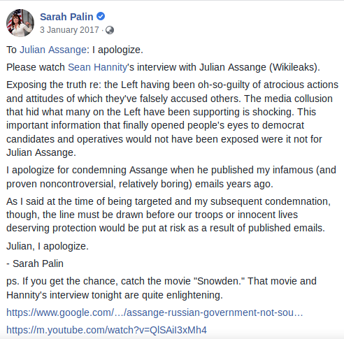 Sarah Palin’s apology to Assange